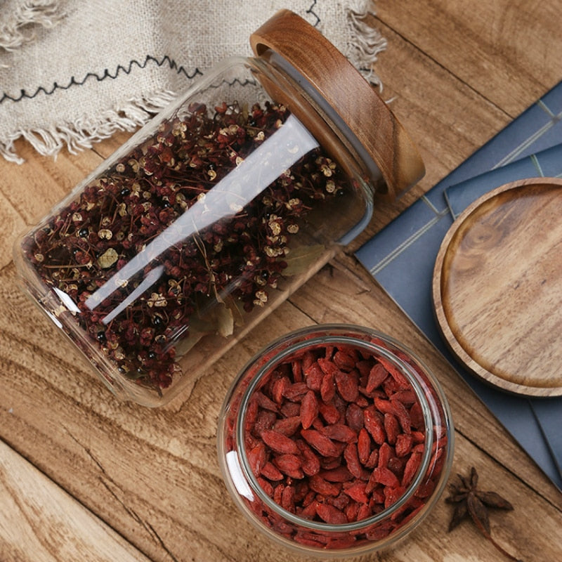 Glass Airtight Container With Wooden Lid Grains for Tea/Coffee Beans (Grains, Candy, dry goods, etc.)