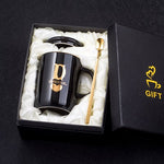 Load image into Gallery viewer, Gold and Black Ceramic Coffee/ Tea Cup With Gold Handle- Comes With A Lid And Spoon
