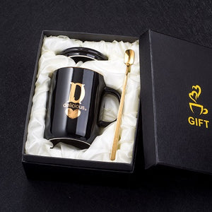 Gold and Black Ceramic Coffee/ Tea Cup With Gold Handle- Comes With A Lid And Spoon