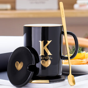 Gold and Black Ceramic Coffee/ Tea Cup With Gold Handle- Comes With A Lid And Spoon