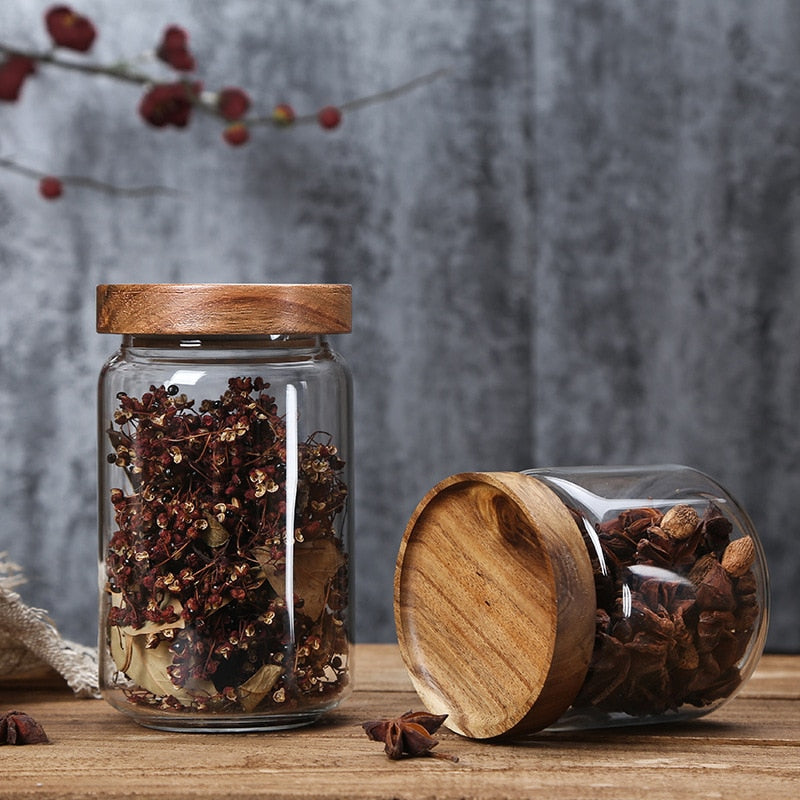 Glass Airtight Container With Wooden Lid Grains for Tea/Coffee Beans (Grains, Candy, dry goods, etc.)