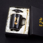 Load image into Gallery viewer, Gold and Black Ceramic Coffee/ Tea Cup With Gold Handle- Comes With A Lid And Spoon
