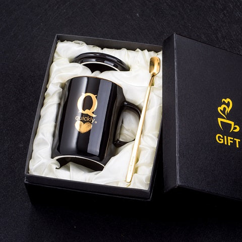 Gold and Black Ceramic Coffee/ Tea Cup With Gold Handle- Comes With A Lid And Spoon