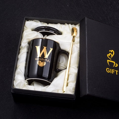 Gold and Black Ceramic Coffee/ Tea Cup With Gold Handle- Comes With A Lid And Spoon