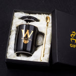 Load image into Gallery viewer, Gold and Black Ceramic Coffee/ Tea Cup With Gold Handle- Comes With A Lid And Spoon
