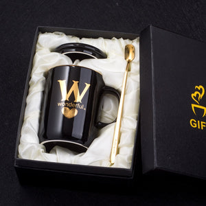 Gold and Black Ceramic Coffee/ Tea Cup With Gold Handle- Comes With A Lid And Spoon