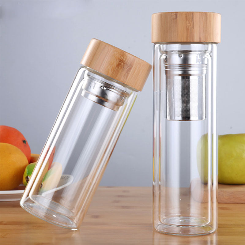 Double Wall Glass Water Bottle- Anti-scald Tea Bottle With Infuser/Filter/Strainer Drinking Bottle