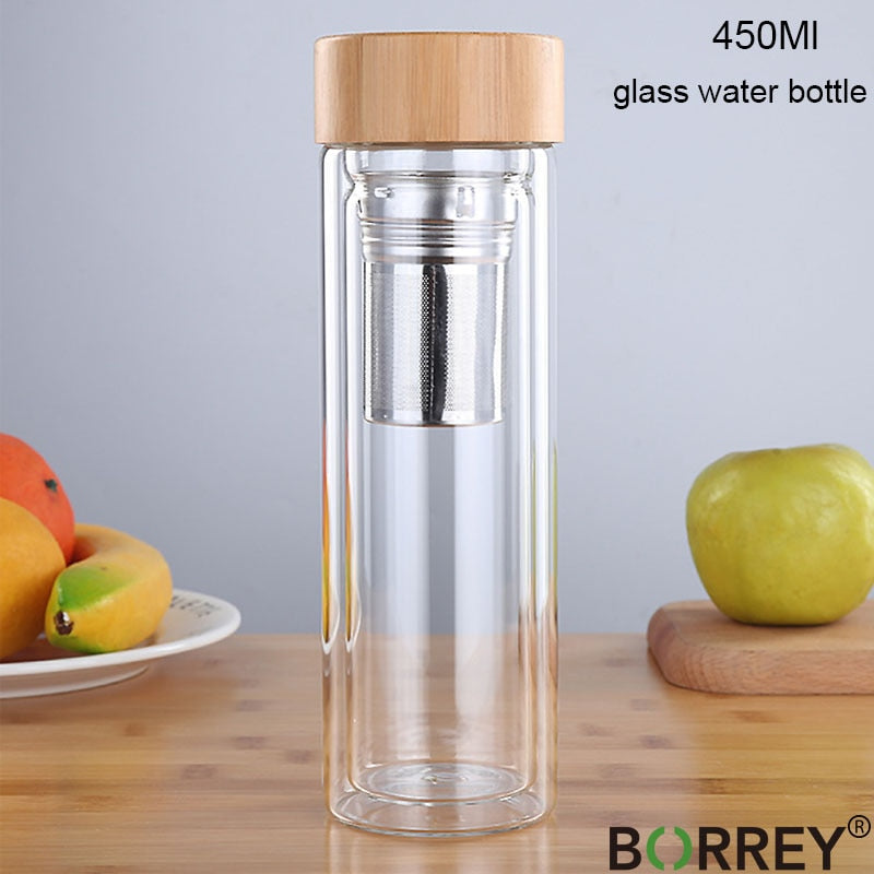 Double Wall Glass Water Bottle- Anti-scald Tea Bottle With Infuser/Filter/Strainer Drinking Bottle