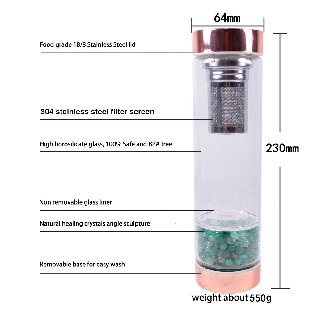 Natural Crystals Glass Bottle-  with filter/Infuser