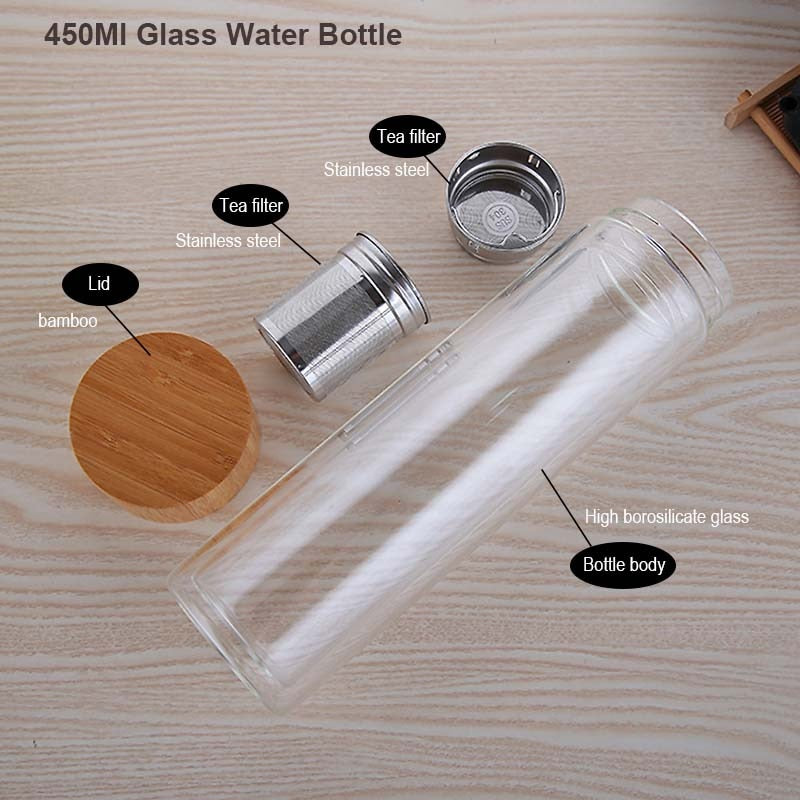 Double Wall Glass Water Bottle- Anti-scald Tea Bottle With Infuser/Filter/Strainer Drinking Bottle